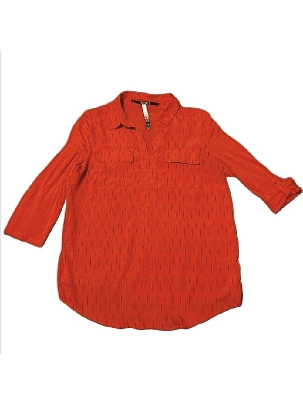 Kensie Boho Ikat Blouse Dash Print Roll Tab Sleeves V-Neck Flap Pockets Medium